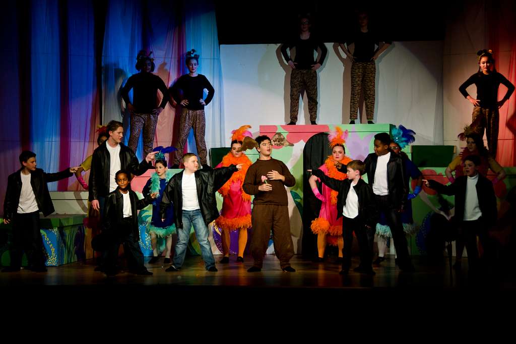 Students perform in a musical theatre show on a stage.  The students are dressed in vibrant costumes, and appear to be dancing and singing with enthusiasm.